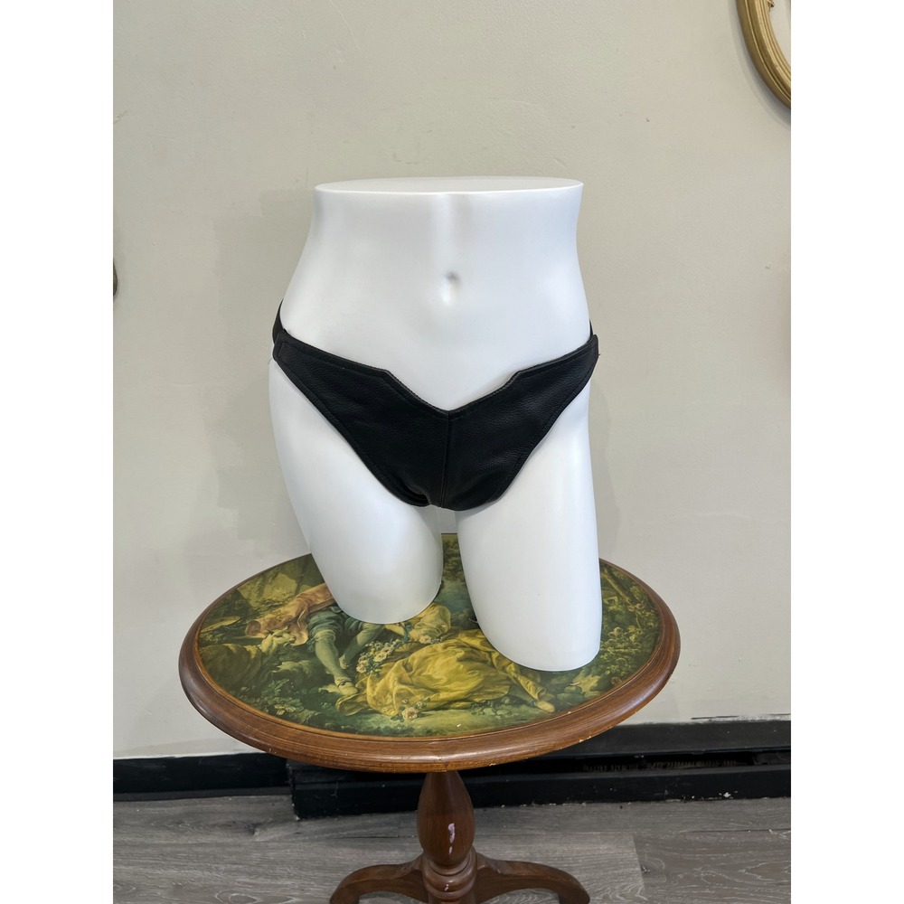 Vintage Black Leather Thong Panty Edgy Minimalist Lingerie Size L XL